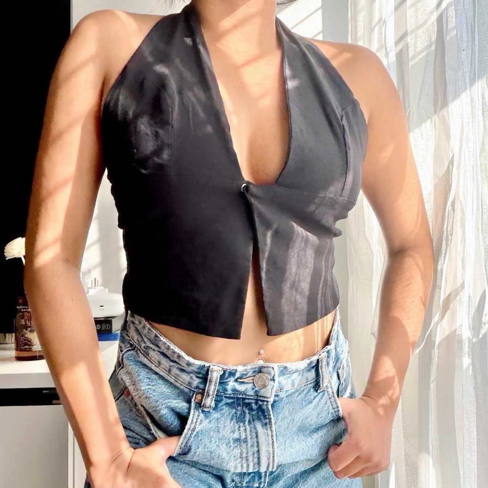 Zara Black Satin Halter Crop Top
